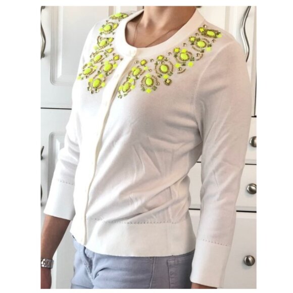 Kate Spade New York White Cardigan with Green and Gold Jeweled Detailing Size-M - Picture 8 of 10